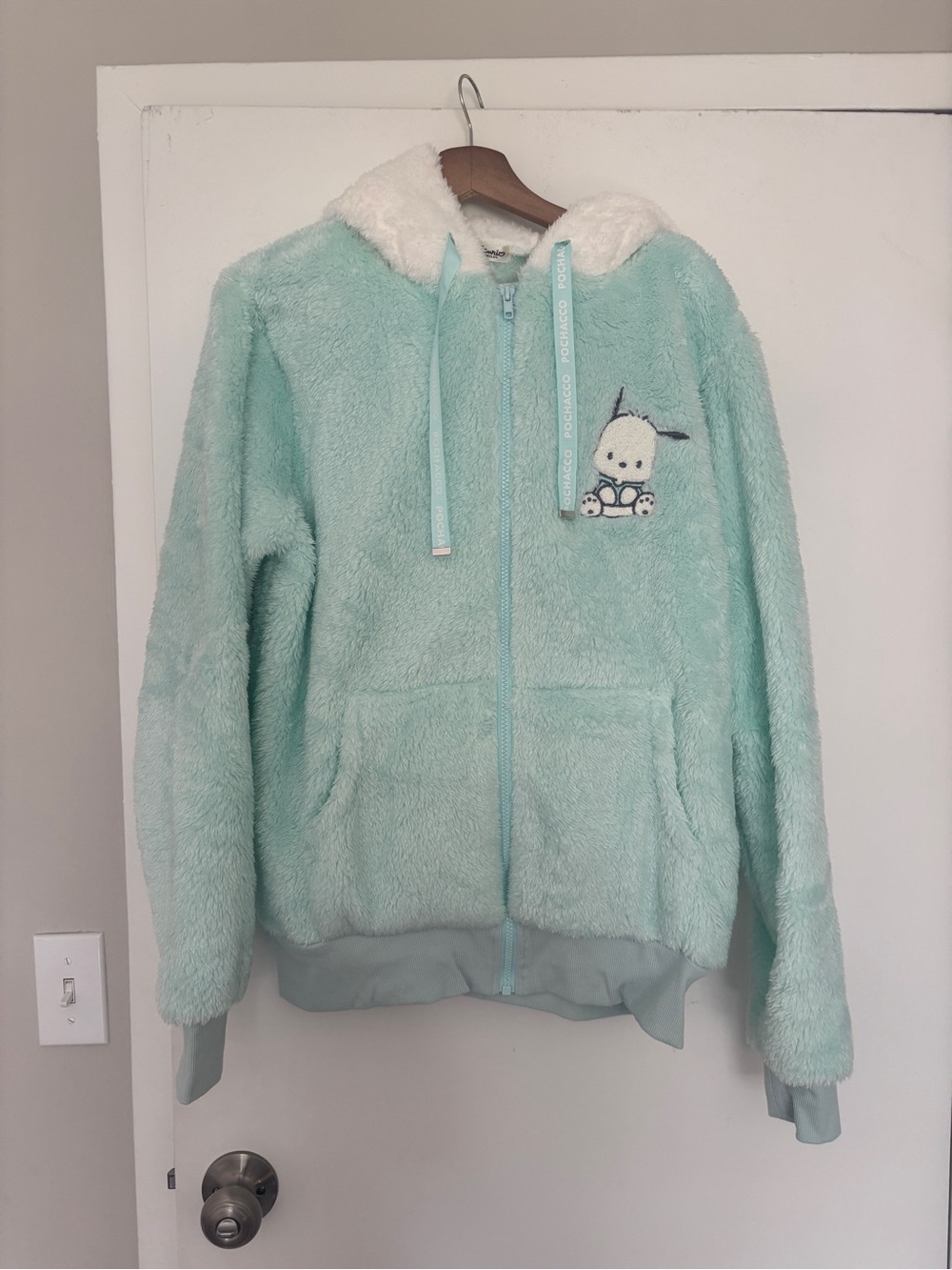 Sanrio Plush Zip Hoodie in Mint with Pochacco Embroidery
